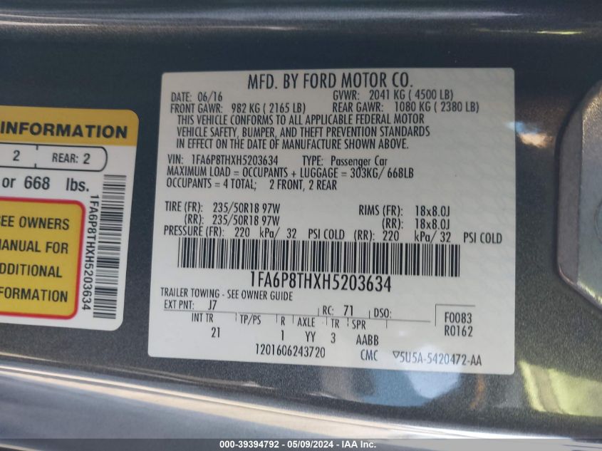 2017 Ford Mustang Ecoboost VIN: 1FA6P8THXH5203634 Lot: 39394792