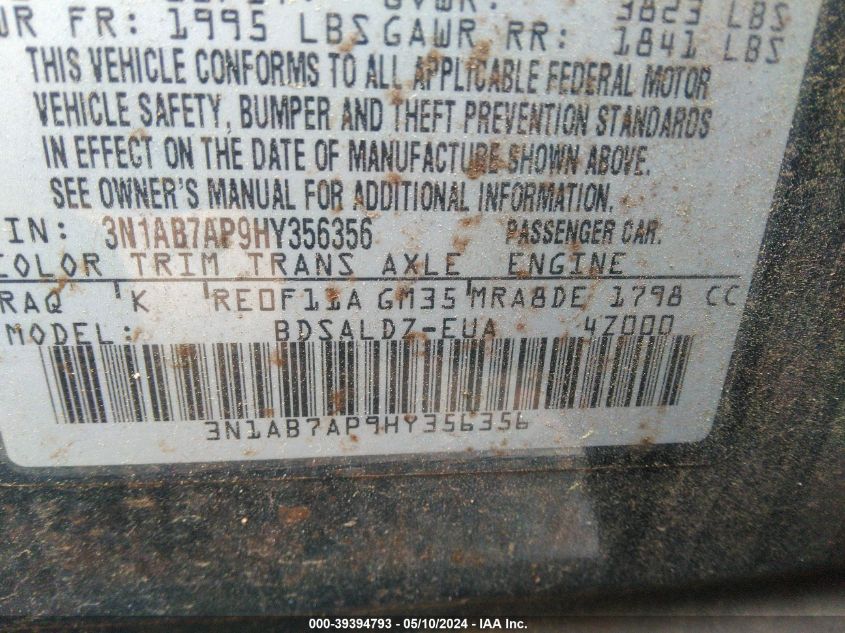 2017 Nissan Sentra Sv VIN: 3N1AB7AP9HY356356 Lot: 39394793