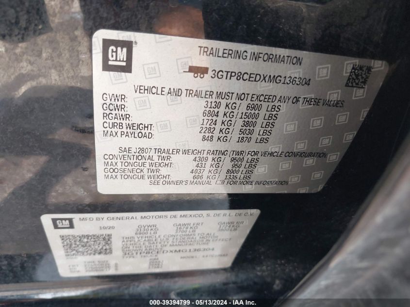 2021 GMC Sierra 1500 2Wd Short Box Elevation VIN: 3GTP8CEDXMG136304 Lot: 39394799