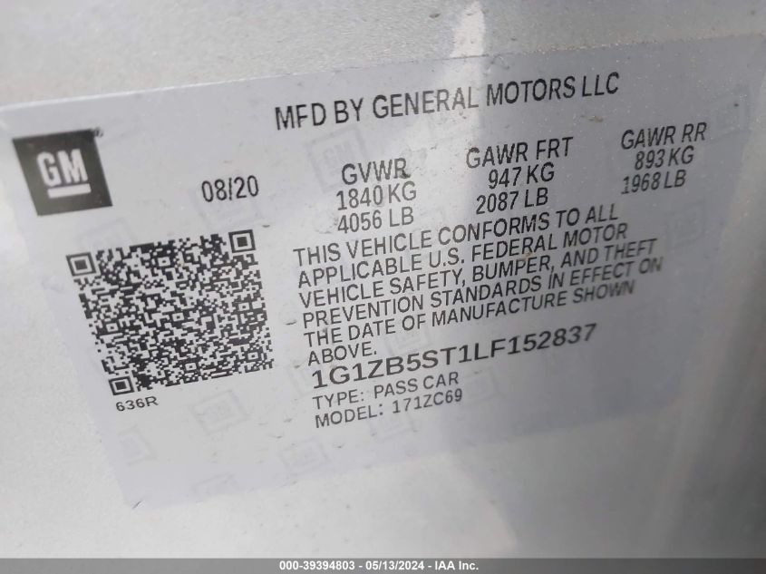 2020 Chevrolet Malibu Ls VIN: 1G1ZB5ST1LF152837 Lot: 39394803