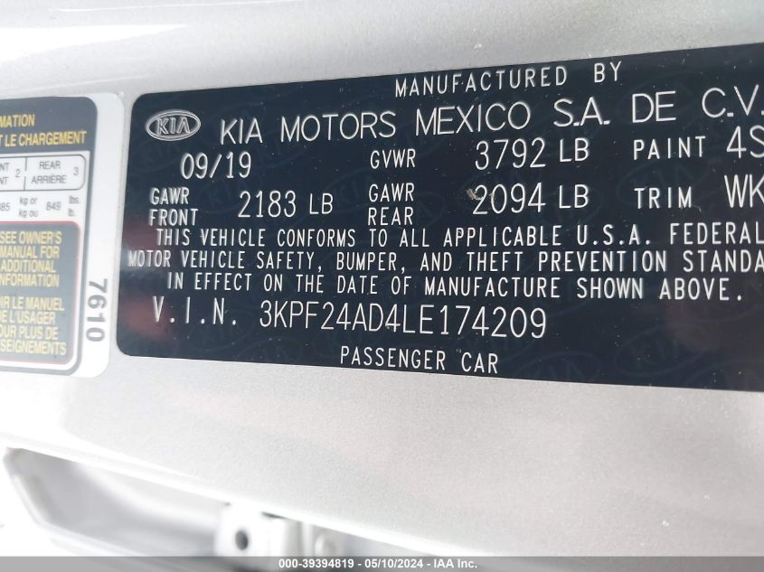 2020 Kia Forte Lxs VIN: 3KPF24AD4LE174209 Lot: 39394819