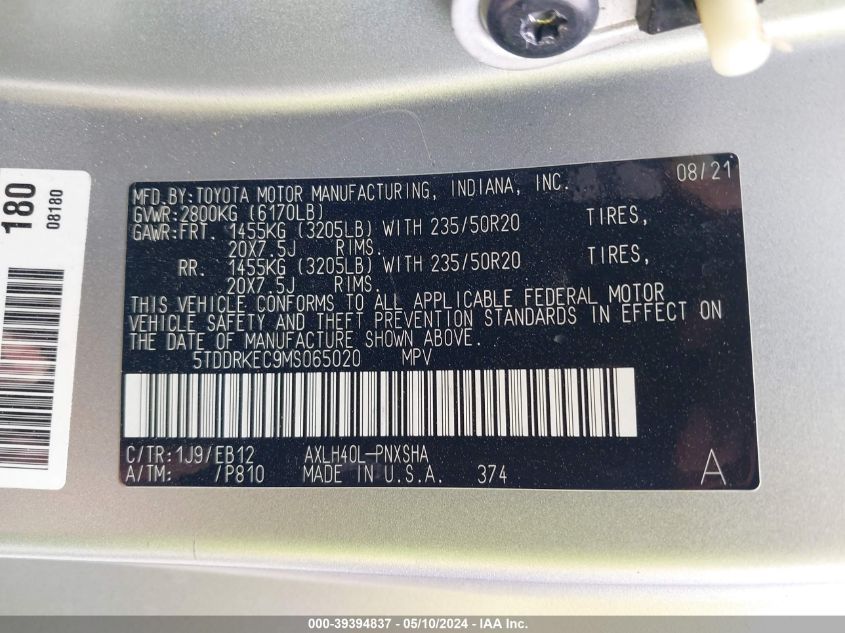 2021 Toyota Sienna Xse VIN: 5TDDRKEC9MS065020 Lot: 39394837