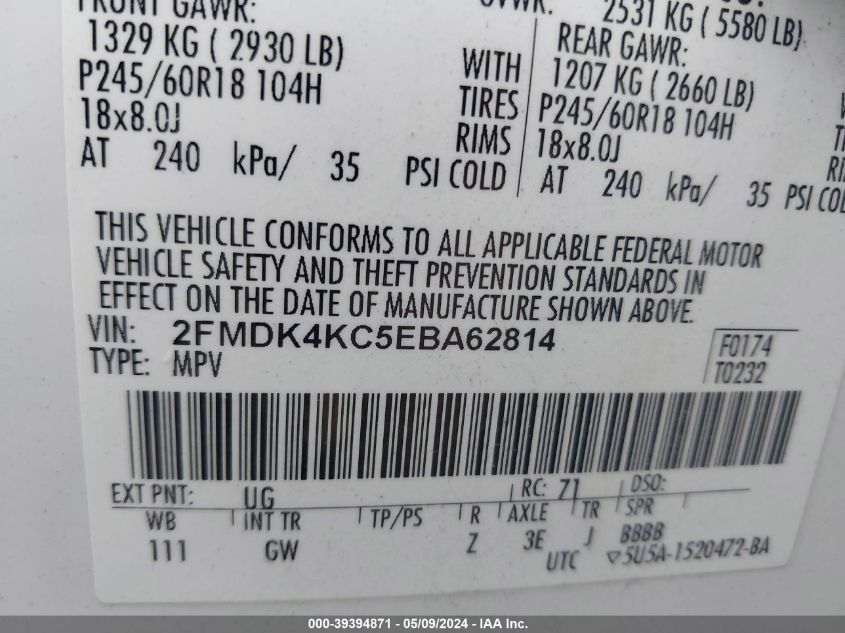 2014 Ford Edge Limited VIN: 2FMDK4KC5EBA62814 Lot: 39394871