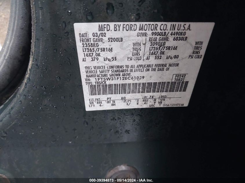 2002 Ford F-350 Lariat/Xl/Xlt VIN: 1FTSW31F12EC61039 Lot: 39394873