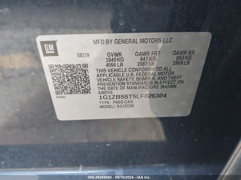 2020 Chevrolet Malibu Fwd Ls VIN: 1G1ZB5ST5LF026304 Lot: 39394880