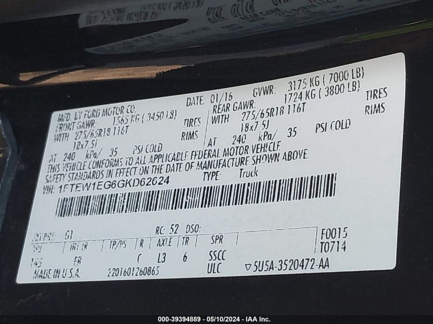 2016 Ford F-150 Lariat VIN: 1FTEW1EG6GKD62624 Lot: 39394889