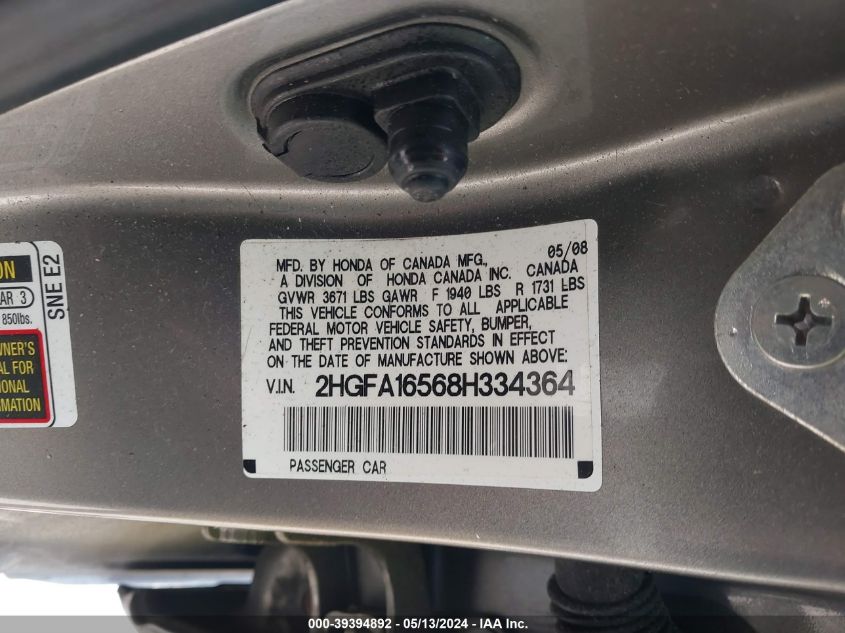 2008 Honda Civic Lx VIN: 2HGFA16568H334364 Lot: 39394892