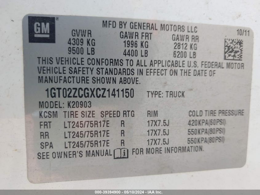 2012 GMC Sierra 2500Hd Work Truck VIN: 1GT02ZCGXCZ141150 Lot: 39394900