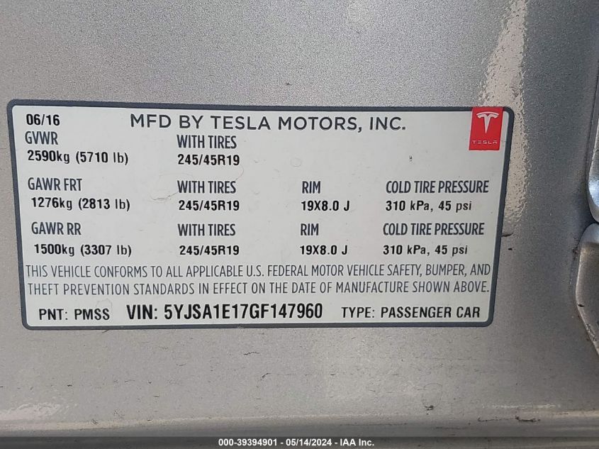 2016 Tesla Model S VIN: 5YJSA1E17GF147960 Lot: 39394901