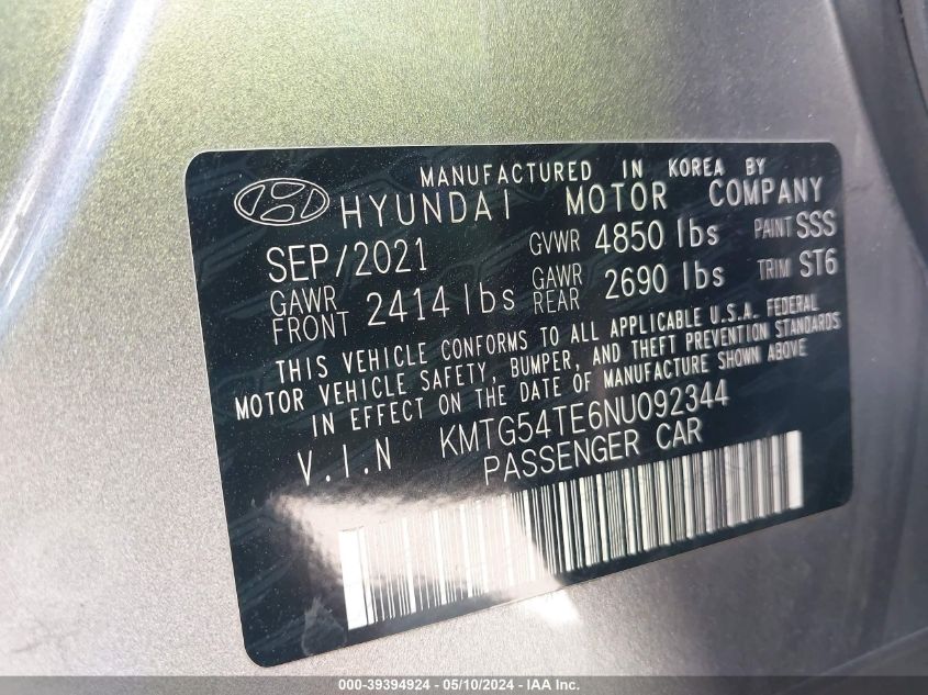 2022 Genesis G70 3.3T Rwd VIN: KMTG54TE6NU092344 Lot: 39394924