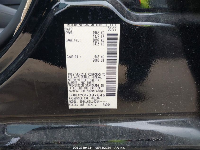 2022 Nissan Altima Sv Fwd VIN: 1N4BL4DV3NN397846 Lot: 39394931