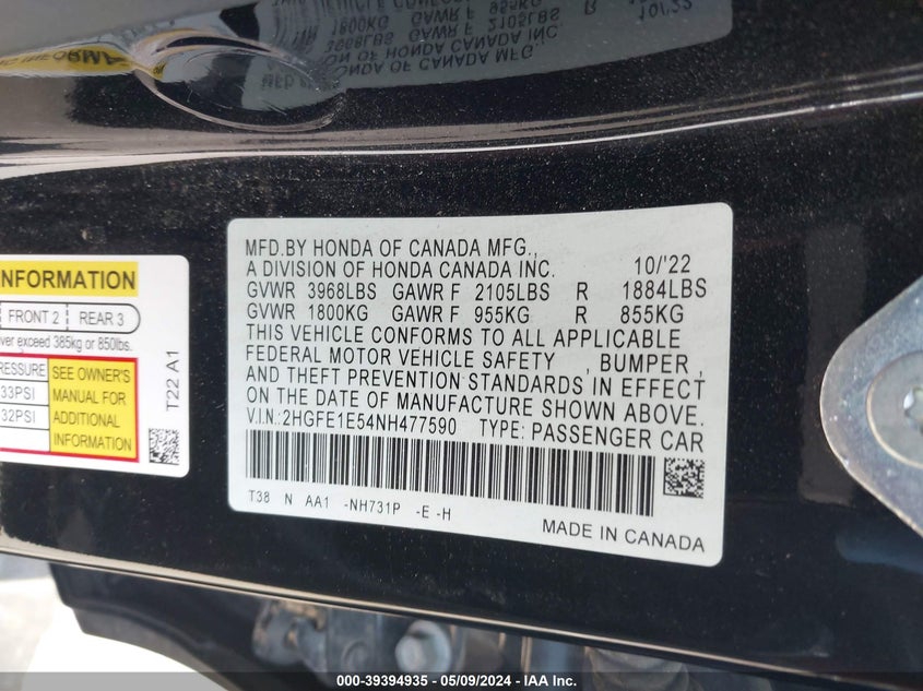 2022 HONDA CIVIC SI SEDAN - 2HGFE1E54NH477590