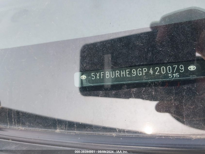 2016 Toyota Corolla Le VIN: 5YFBURHE9GP420079 Lot: 39394951