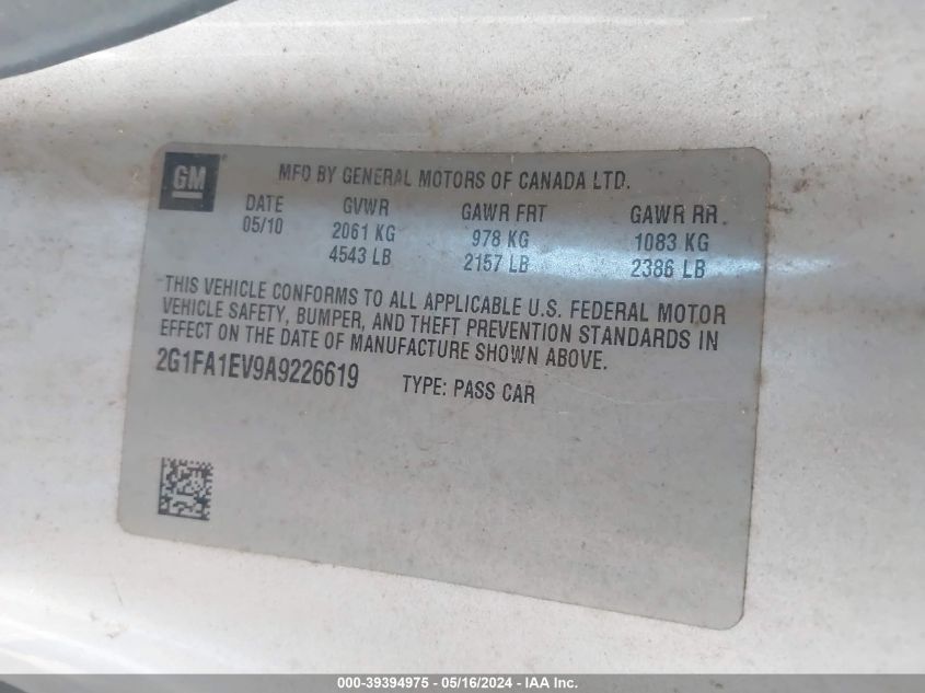 2010 Chevrolet Camaro 1Ls VIN: 2G1FA1EV9A9226619 Lot: 39394975