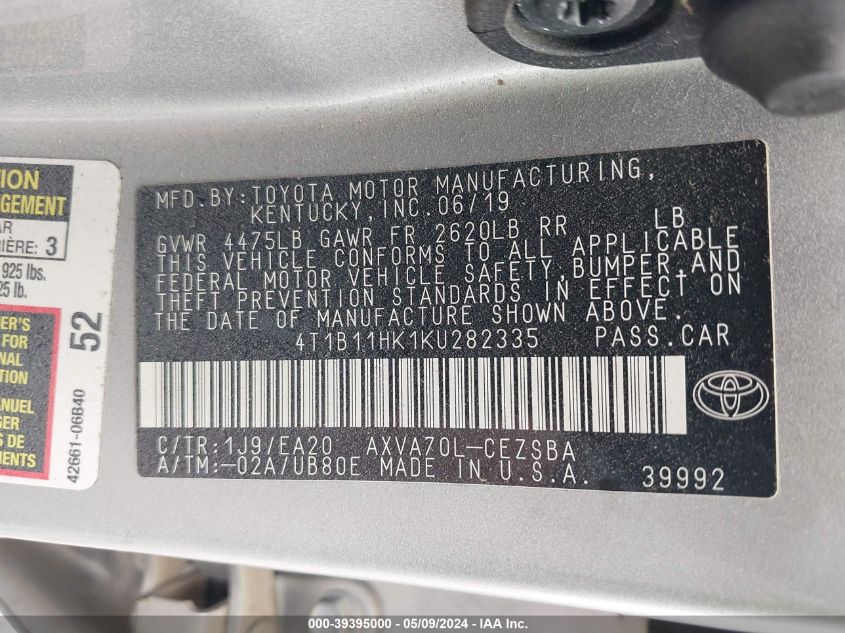 2019 Toyota Camry Se VIN: 4T1B11HK1KU282335 Lot: 39395000