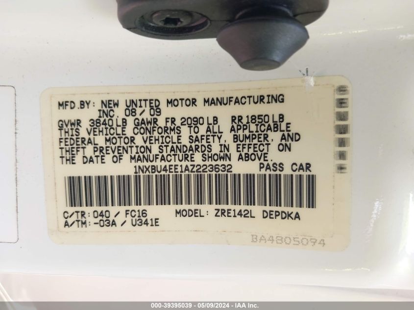 2010 Toyota Corolla Le VIN: 1NXBU4EE1AZ223632 Lot: 39395039