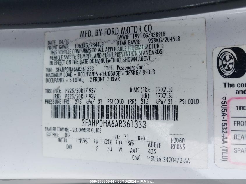 2010 Ford Fusion Se VIN: 3FAHP0HA6AR361333 Lot: 39395044