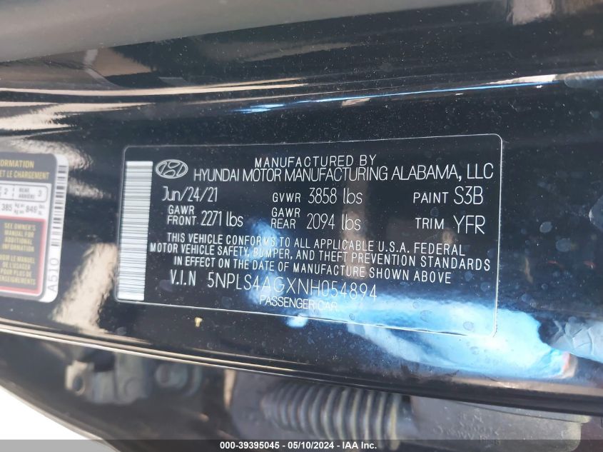 2022 Hyundai Elantra Sel VIN: 5NPLS4AGXNH054894 Lot: 39395045