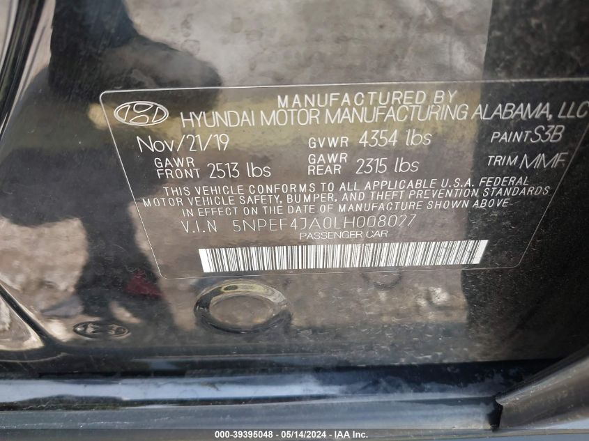 2020 Hyundai Sonata Sel VIN: 5NPEF4JA0LH008027 Lot: 39395048