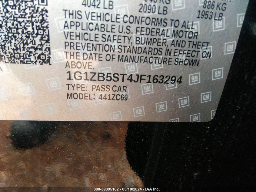 2018 Chevrolet Malibu 1Ls VIN: 1G1ZB5ST4JF163294 Lot: 39395102
