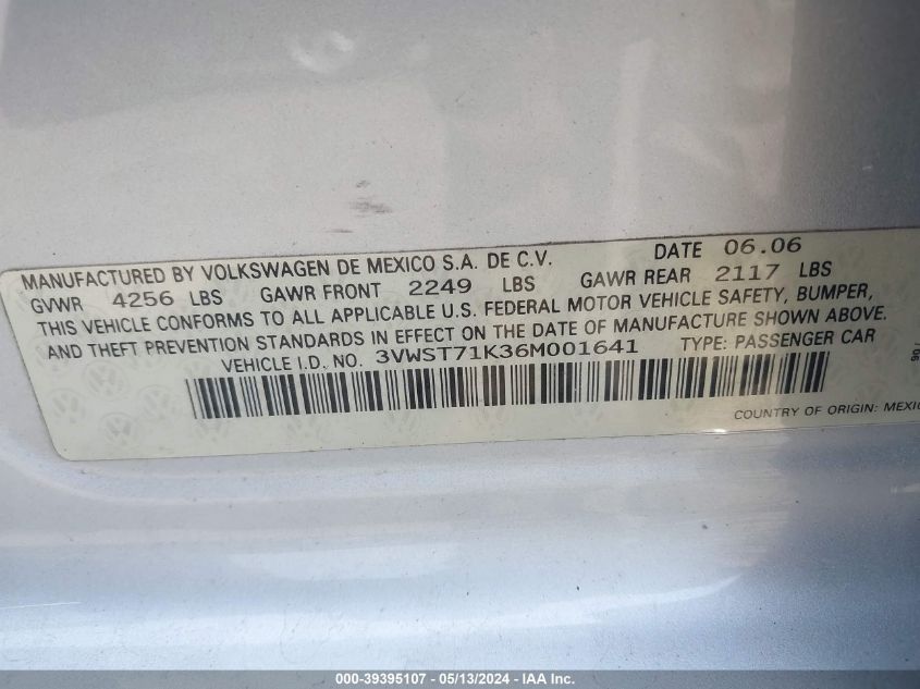 2006 Volkswagen Jetta Tdi VIN: 3VWST71K36M001641 Lot: 39395107