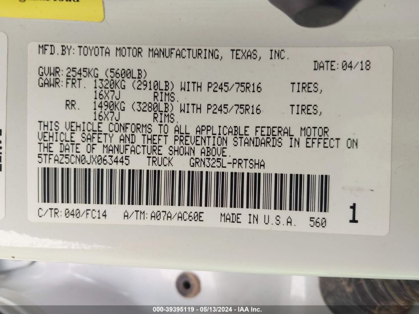 2018 Toyota Tacoma Sr5 V6 VIN: 5TFAZ5CN0JX063445 Lot: 39395119