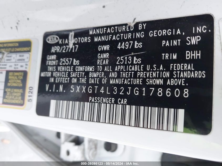 2018 Kia Optima Lx VIN: 5XXGT4L32JG178608 Lot: 39395123