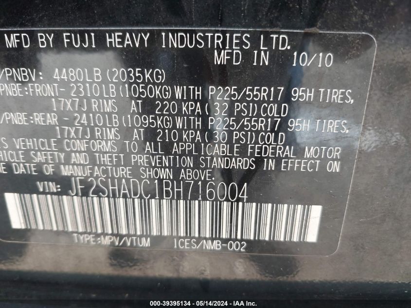 2011 Subaru Forester 2.5X Premium VIN: JF2SHADC1BH716004 Lot: 39395134