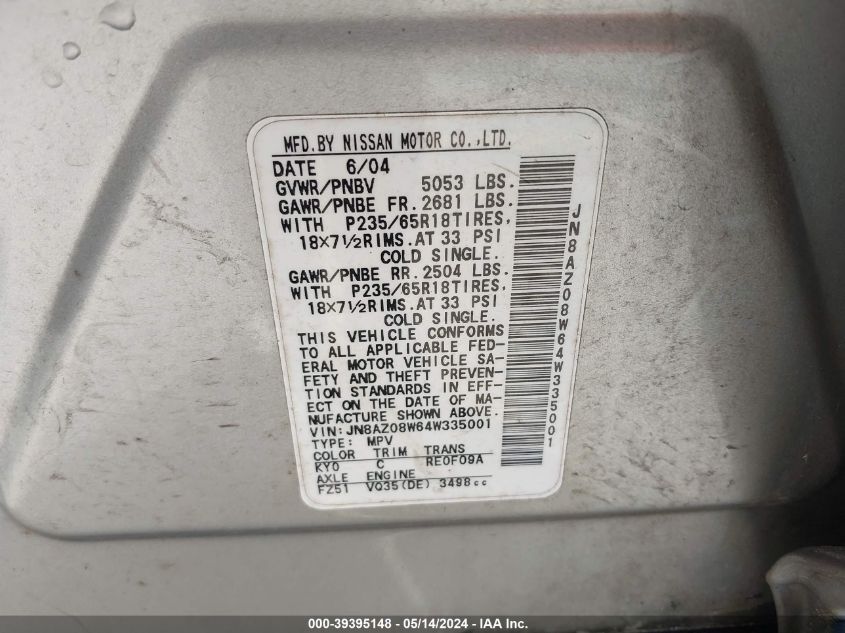 2004 Nissan Murano Sl VIN: JN8AZ08W64W335001 Lot: 39395148