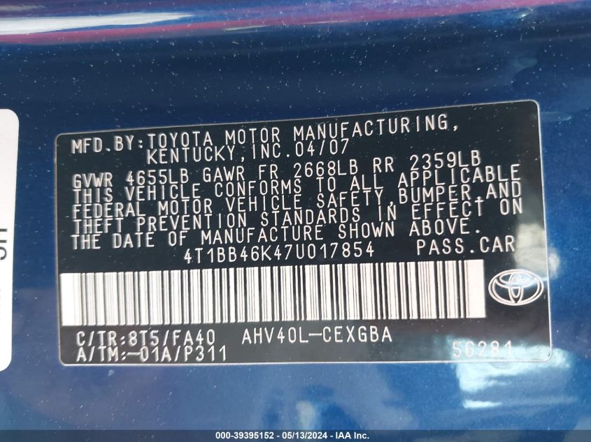 2007 Toyota Camry Hybrid VIN: 4T1BB46K47U017854 Lot: 39395152