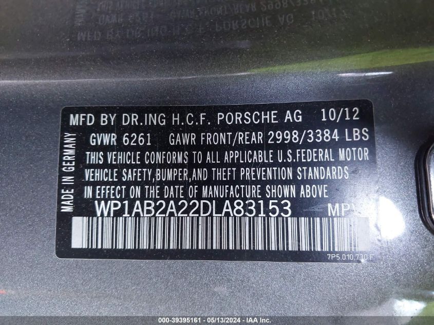 2013 Porsche Cayenne S VIN: WP1AB2A22DLA83153 Lot: 39395161