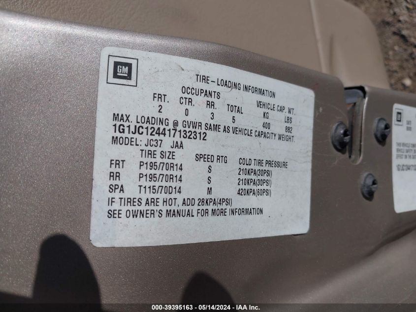 2001 Chevrolet Cavalier VIN: 1G1JC124417132312 Lot: 39395163