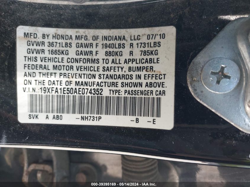 2010 Honda Civic Lx VIN: 19XFA1E50AE074352 Lot: 39395169