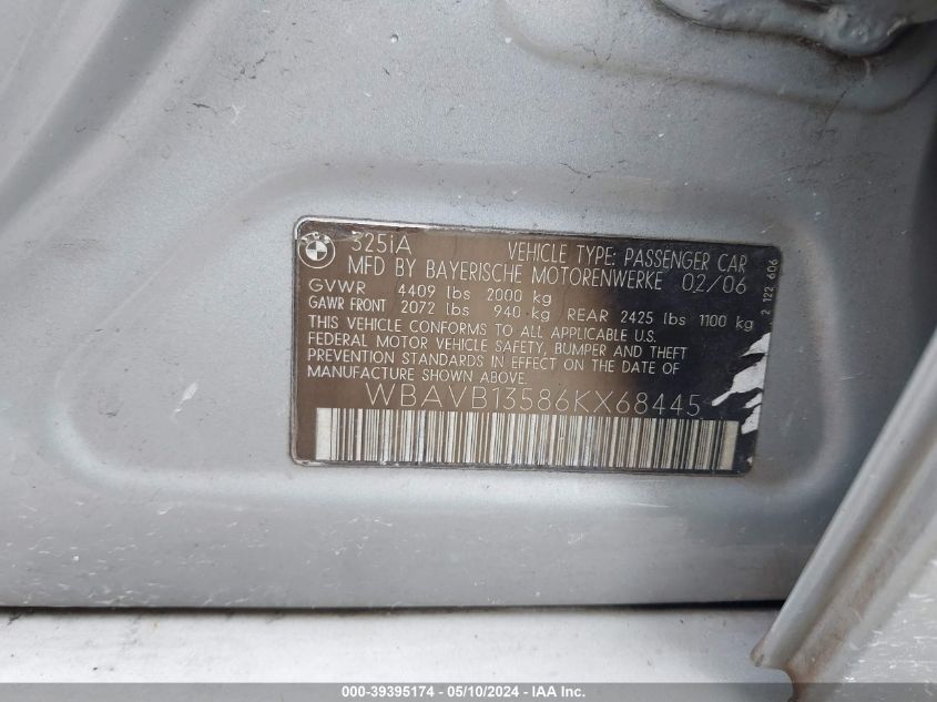 2006 BMW 325I VIN: WBAVB13586KX68445 Lot: 39395174