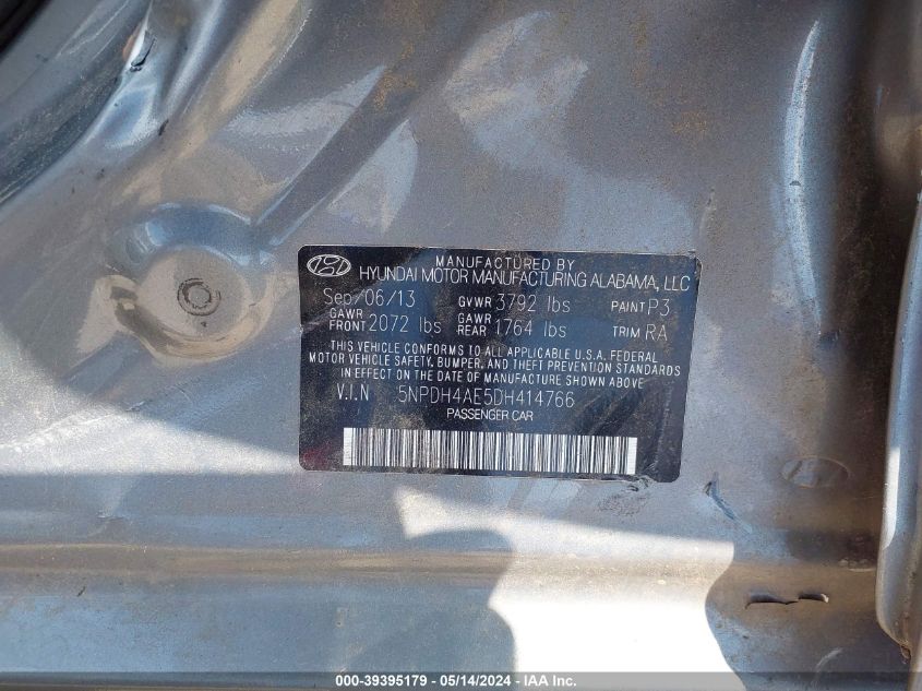 2013 Hyundai Elantra Limited VIN: 5NPDH4AE5DH414766 Lot: 39395179