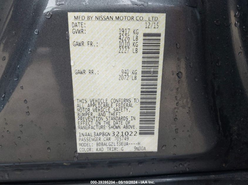 2016 Nissan Altima 2.5 S VIN: 1N4AL3AP8GN321022 Lot: 39395204