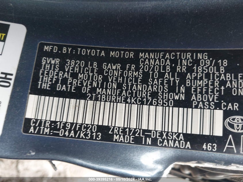 2019 TOYOTA COROLLA SE - 2T1BURHE4KC176950