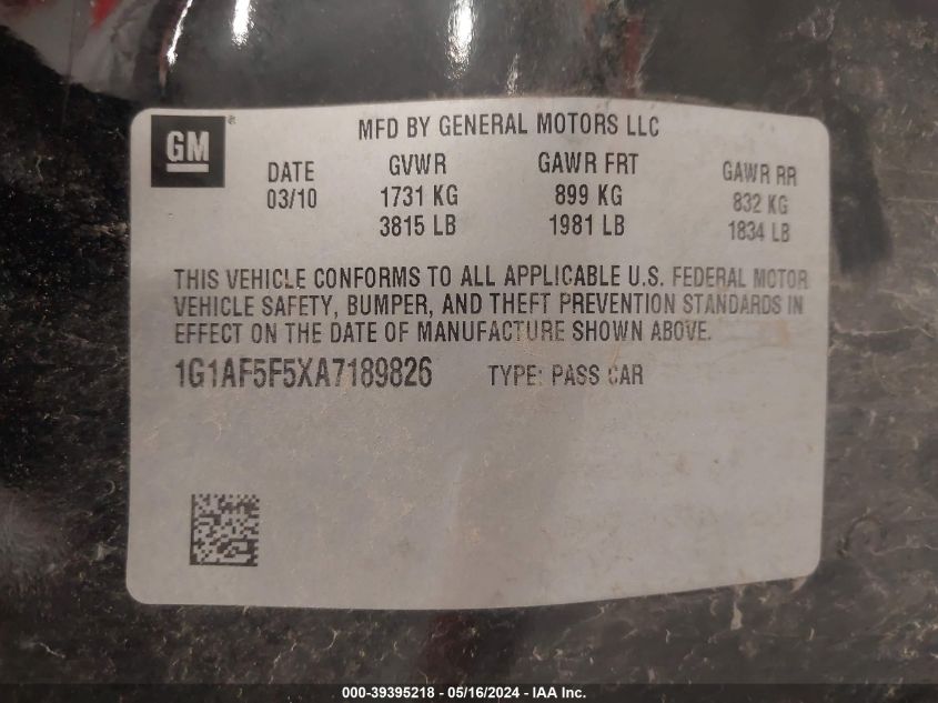 2010 Chevrolet Cobalt Lt VIN: 1G1AF5F5XA7189826 Lot: 39395218