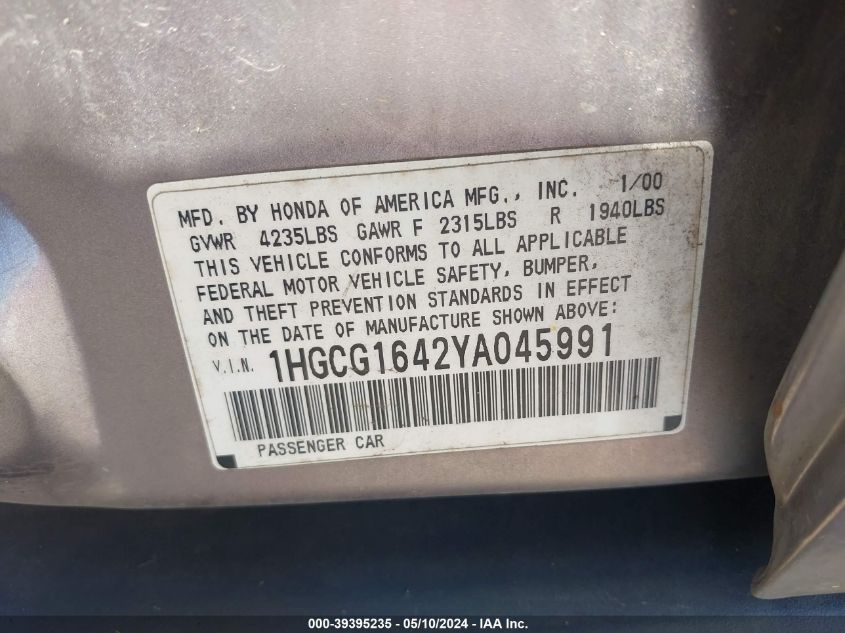 2000 Honda Accord 3.0 Lx VIN: 1HGCG1642YA045991 Lot: 39395235
