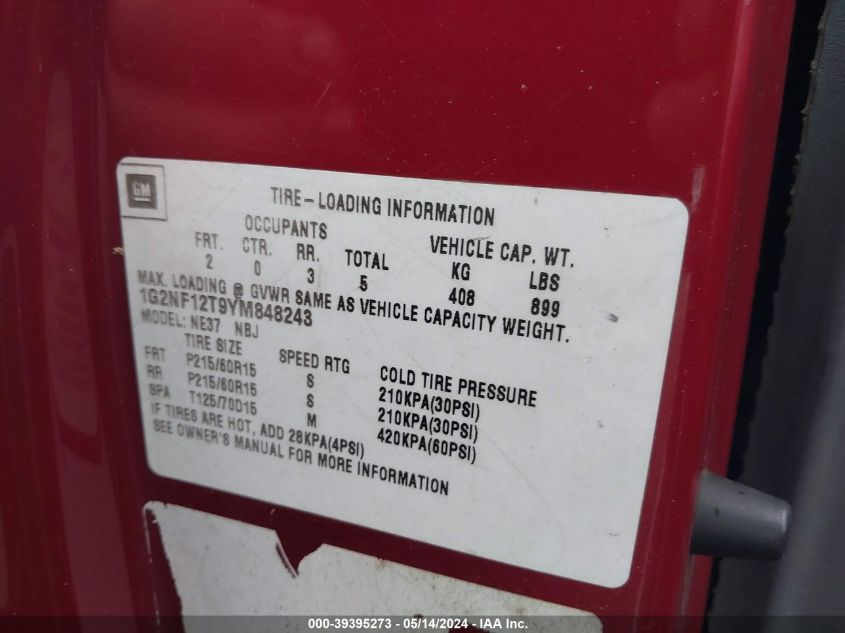 2000 Pontiac Grand Am Se1 VIN: 1G2NF12T9YM848243 Lot: 39395273