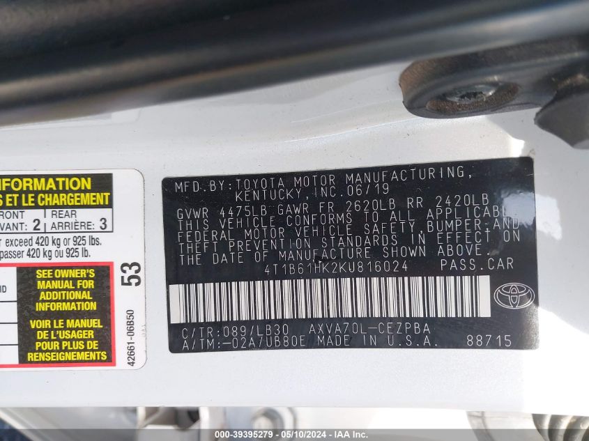 2019 Toyota Camry Xse VIN: 4T1B61HK2KU816024 Lot: 39395279