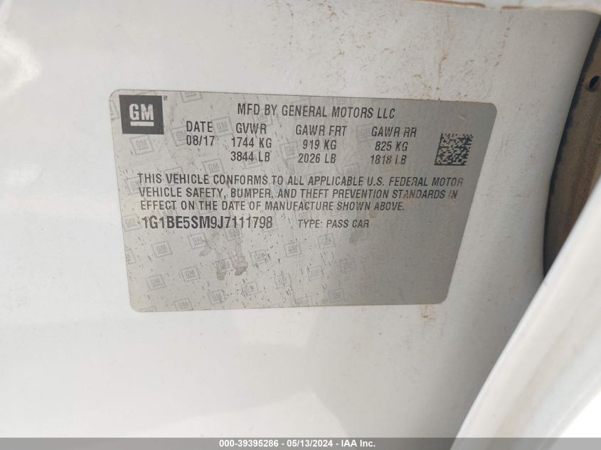 2018 Chevrolet Cruze Lt Auto VIN: 1G1BE5SM9J7111798 Lot: 39395286