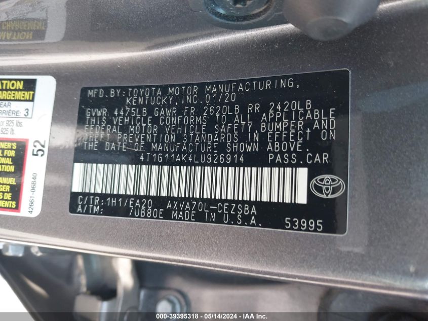 2020 Toyota Camry Se VIN: 4T1G11AK4LU926914 Lot: 39395318