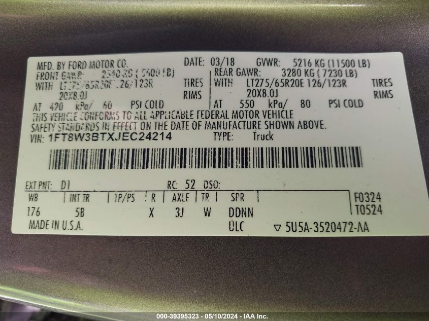 2018 Ford F-350 Lariat VIN: 1FT8W3BTXJEC24214 Lot: 39395323
