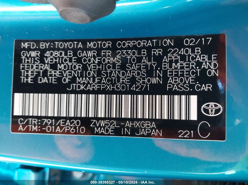 2017 Toyota Prius Prime Premium VIN: JTDKARFPXH3014271 Lot: 39395327