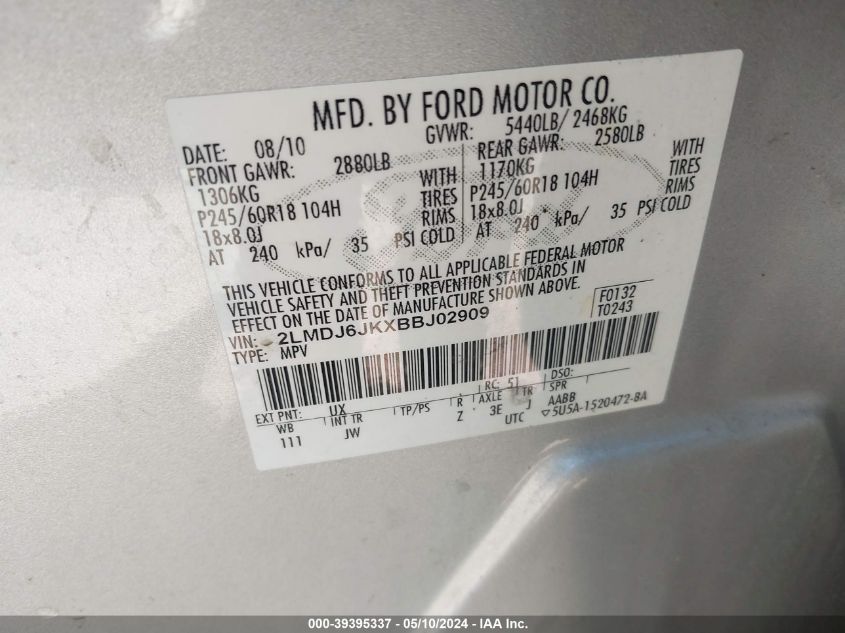 2011 Lincoln Mkx VIN: 2LMDJ6JKXBBJ02909 Lot: 39395337