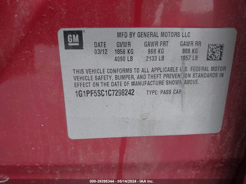 2012 Chevrolet Cruze 1Lt VIN: 1G1PF5SC1C7298242 Lot: 39395344