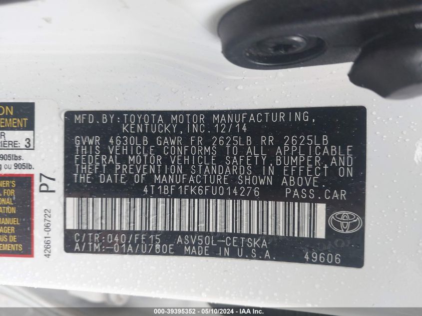 2015 Toyota Camry Se VIN: 4T1BF1FK6FU014276 Lot: 39395352