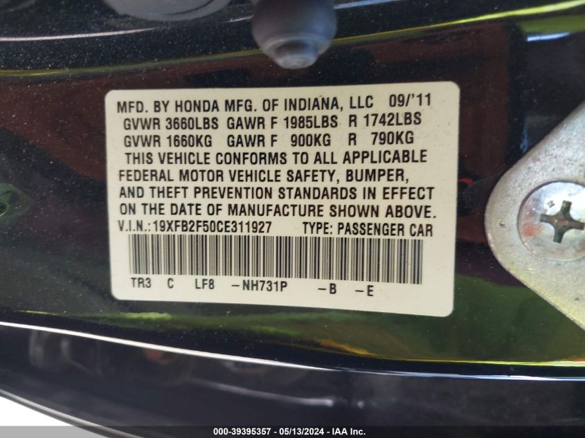 2012 Honda Civic Lx VIN: 19XFB2F50CE311927 Lot: 39395357