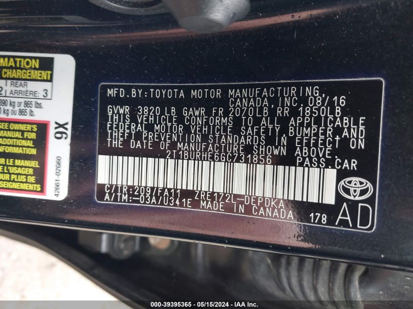 2016 Toyota Corolla L VIN: 2T1BURHE6GC731856 Lot: 39395365